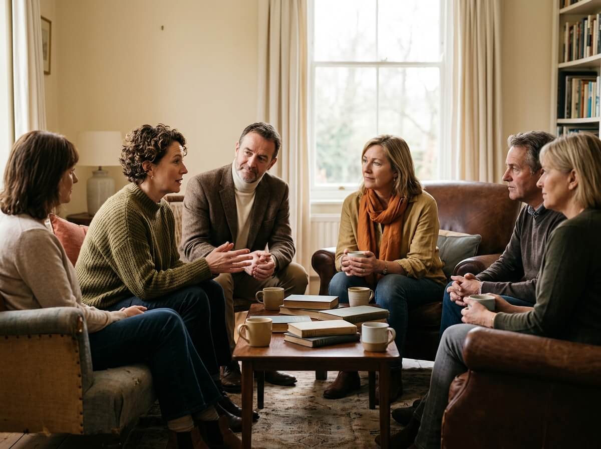 A group of people listening during a shared story, evoking orality and meaning